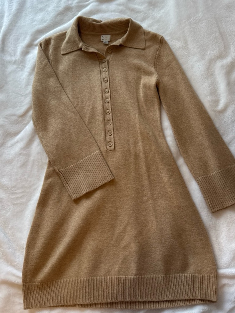 Women's Polo Sweater Dress in Tan- Midi